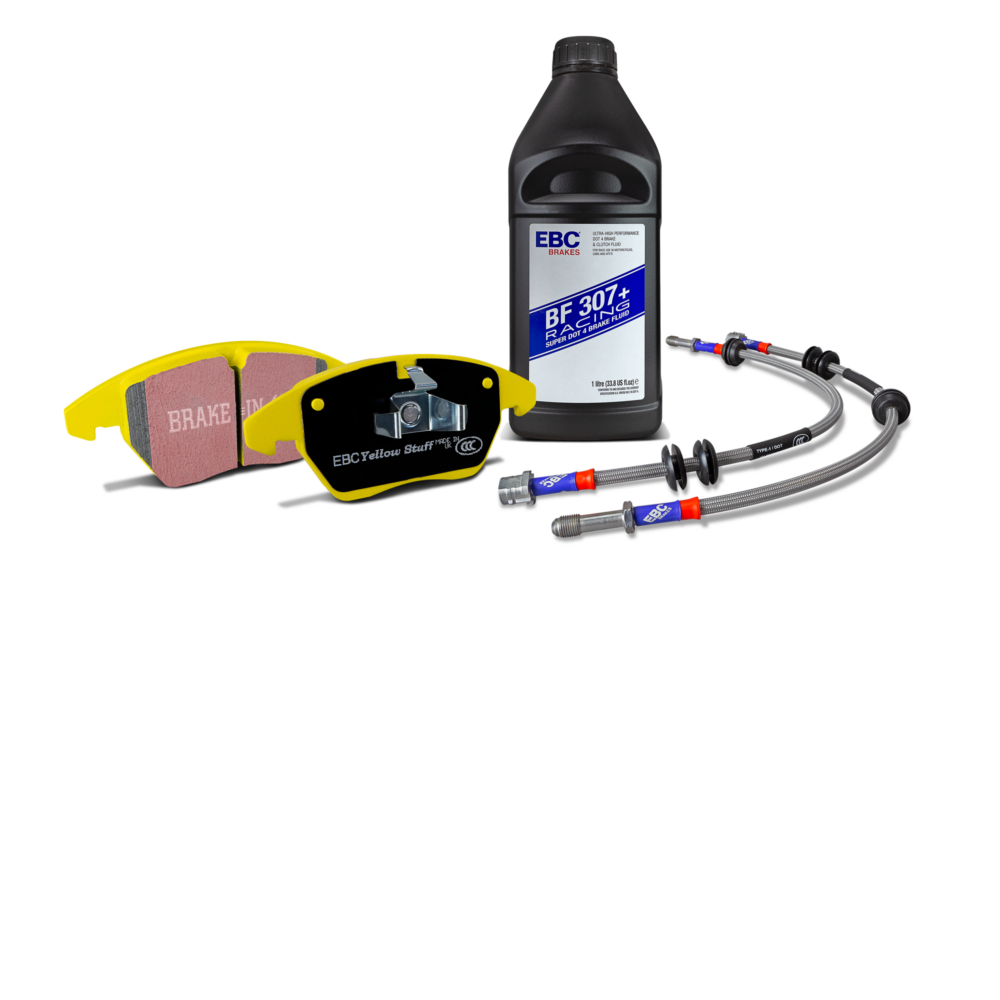 Kit com pastilhas de travão EBC Yellowstuff + malhas de aço + fluido
